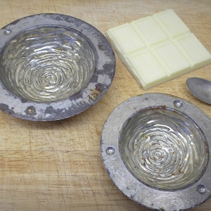 Vintage French chocolate moulds. Steel French chocolate molds, size 6 & 8. Kitchenalia, retro bakeware, confectionery cookware, sweet tins
