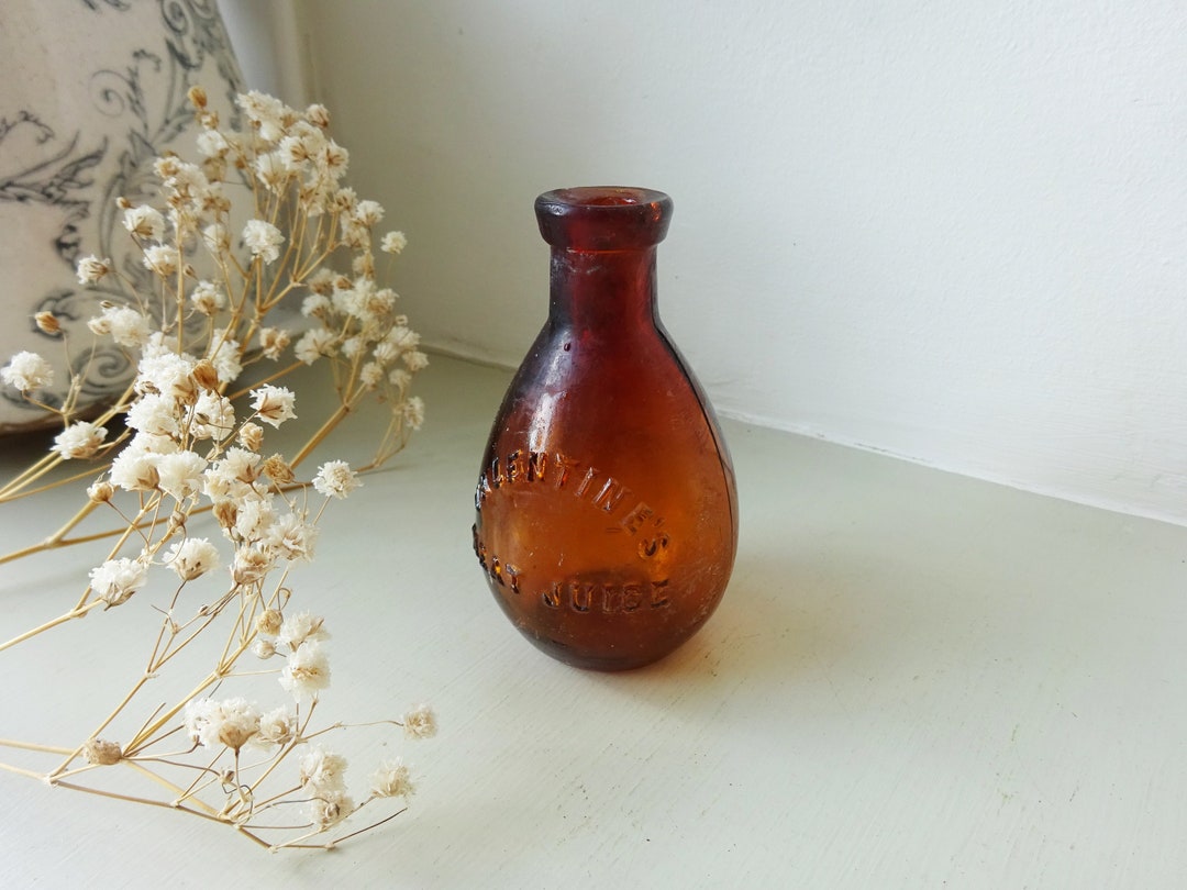 Antique Valentine's Meat Juice Bottle, Amber Bottle, Beef Extract Cure