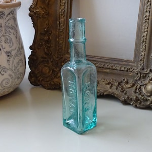 Antique aqua bottle Boro Royal Sauce, rare burst lip sauce bottle, shear top, aqua bottle with long neck, embossed square bottle, bud vase