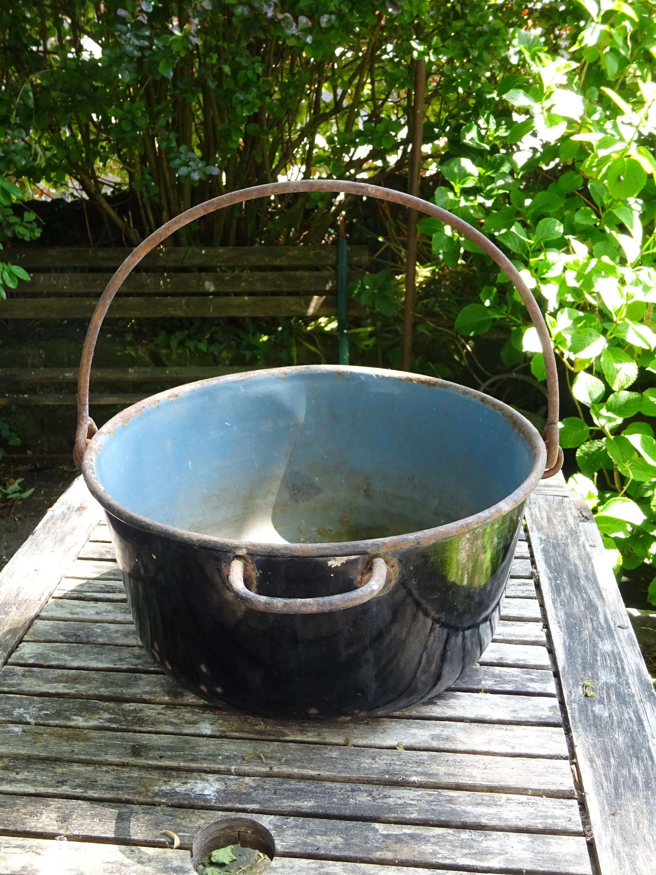 Vintage Enamelled Cast Iron Cauldron, Large Enamelware Cooking Pot