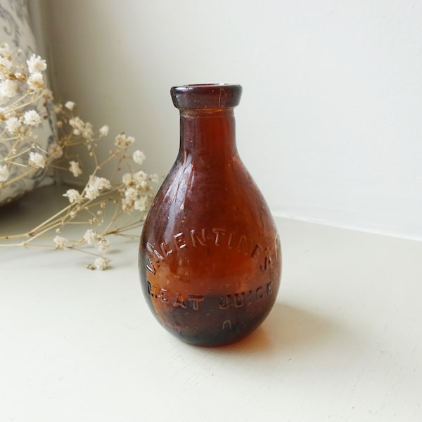 Antique Valentine's Meat Juice bottle, amber bottle, beef extract cure all bottle, like Virol and Bovril, bud vase, shelf decor, styling