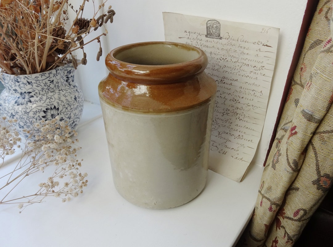 Antique Stoneware Salt Glazed Jar, Oyster Crock, Rustic Kitchen Utensil