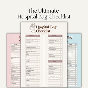 Könnte beinhalten: Eine druckbare Checkliste zum Packen einer Krankenhaustasche für ein neues Elternteil. Die Checkliste ist in drei Abschnitte unterteilt: Für Mama, Für Baby und Sonstiges. Die Checkliste enthält Artikel wie Pyjamas, Still-BHs, Nachhause-Outfits, Windeln, Feuchttücher und mehr. Die Checkliste wird von 14.000 Müttern empfohlen und ist in drei Farben erhältlich.