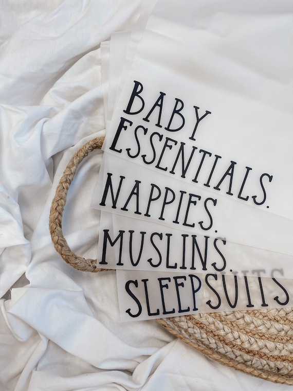 Nursery Organisation Labels - Baby Essentials, Nappies, Muslins, Sleepsuits