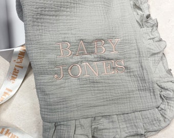 Personalised Ruffle Baby Blanket | Grey, Lilac |