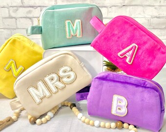 Personalized bridesmaid bride Mrs makeup bag with patches, bachelorette gift bag with chenille letters bag with varsity letters