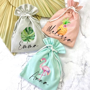 Tropical beach Theme Party | Pineapple Flamingo Palm Leaf bachelorette Party Favors | Personalized favor Bags Hangover Kit bags Survival Kit