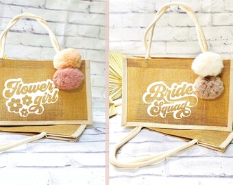 Retro Bridesmaid Gift Bags, Flower Girl Bag, Vintage Bride Bachelorette  Party Gifts, Jute Burlap Welcome Bag Retro Bridal Party Jute Tote