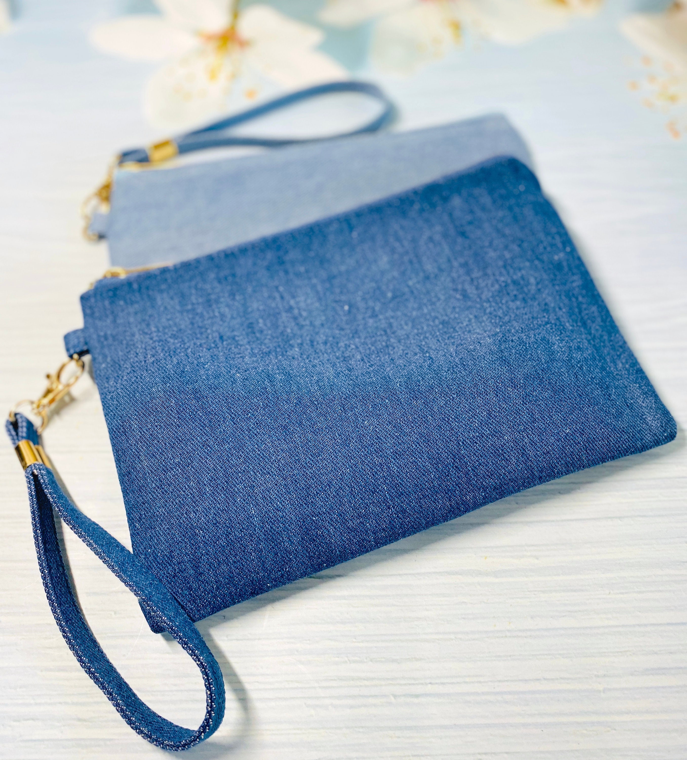 Denim Personalized Clutch Dark Denim Makeup Bag W Strap Rose Etsy
