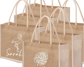Palm Leaf Burlap Tote Bag - Personalized Tropical Gift Bags for Beach Bachelorette Bridesmaid Vacation Tote Burlap Jute Tote Flamingo tote
