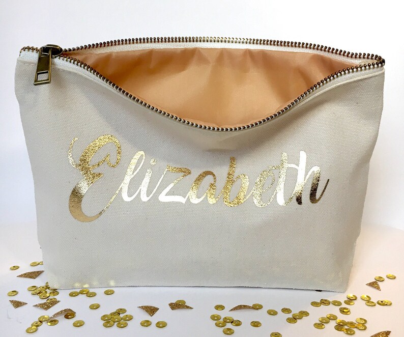 Zippered pouch, gold Makeup bag, bridesmaid gifts, cosmetic bag bridal shower gift Birthday gift makeup bag Gift for friend image 4