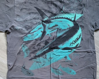 Vintage Guy Harvey T-Shirt Gray with Teal Fish Graphics Size L