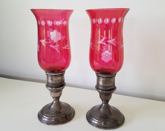 Vintage Sterling Silver Cranberry Glass Candle Holders Etsy