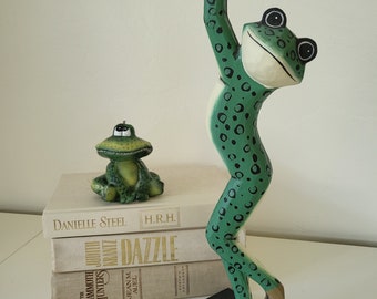 Green Frogs, Wood Carved Hand Painted Folk Art Frog Statue & Wax Frog Candle, Vintage