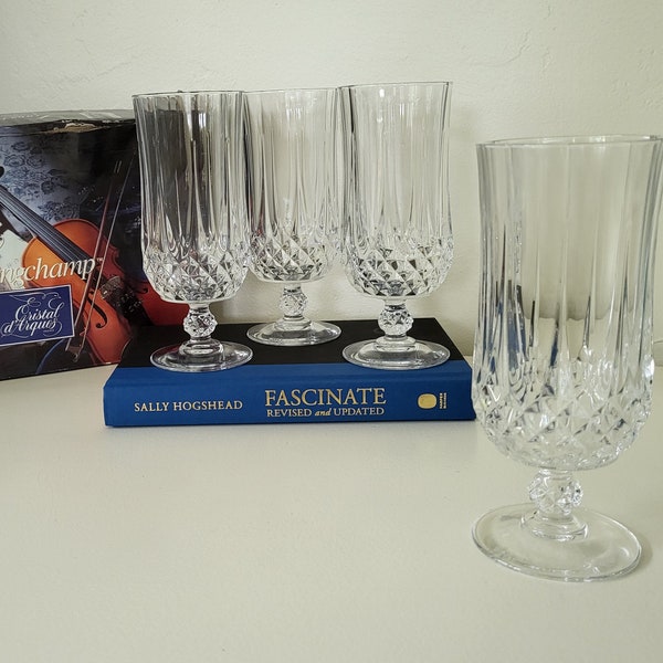 Cristal D'Arques Longchamp Crystal 11.75 oz Footed Iced Tea Glasses, 7" Diamond Cut Water Goblets, France, Replacement