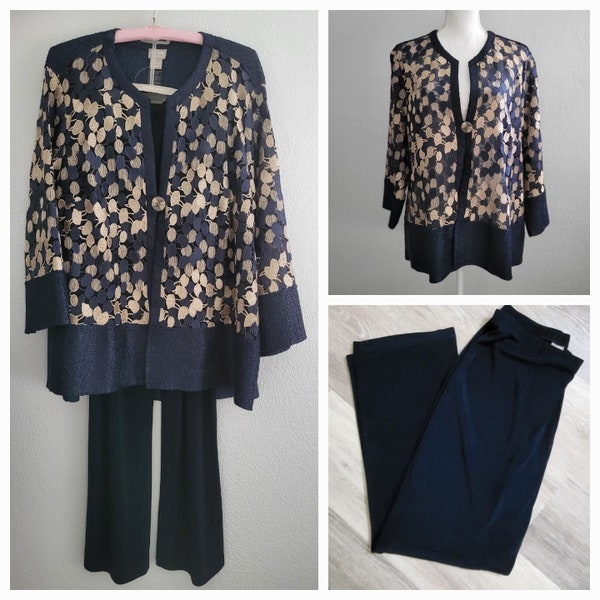 Chico's Navy Blue Sheer Jacket, Lace Embroidered with Beige, Women's Size 3 (or XL), Navy Pant Size 2R, Elegant Dressy Pantsuit Outfit