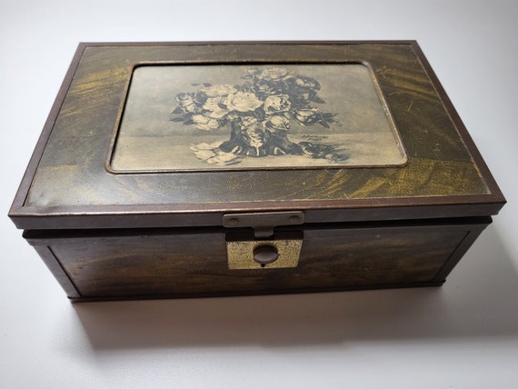 Antique Victorian Trinket Box, Faux Wood Bois Met… - image 1