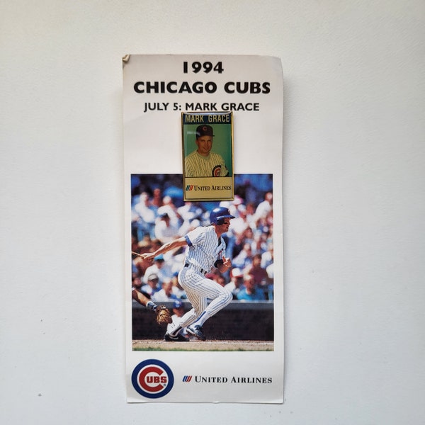 1994 Chicago Cubs Mark Grace 1 3/8" Souvenir Pin w/Card United Airlines, July 5, 1994 Game