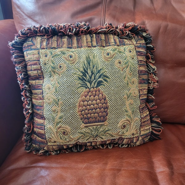 Pineapple Pillow, Vintage Decorator Pillow in Rust Brown Green Gold Tapestry Front Fringed, Fall Autumn British Colonial Plantation Decor
