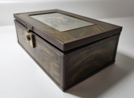 Antique Victorian Trinket Box, Faux Wood Bois Met… - image 3