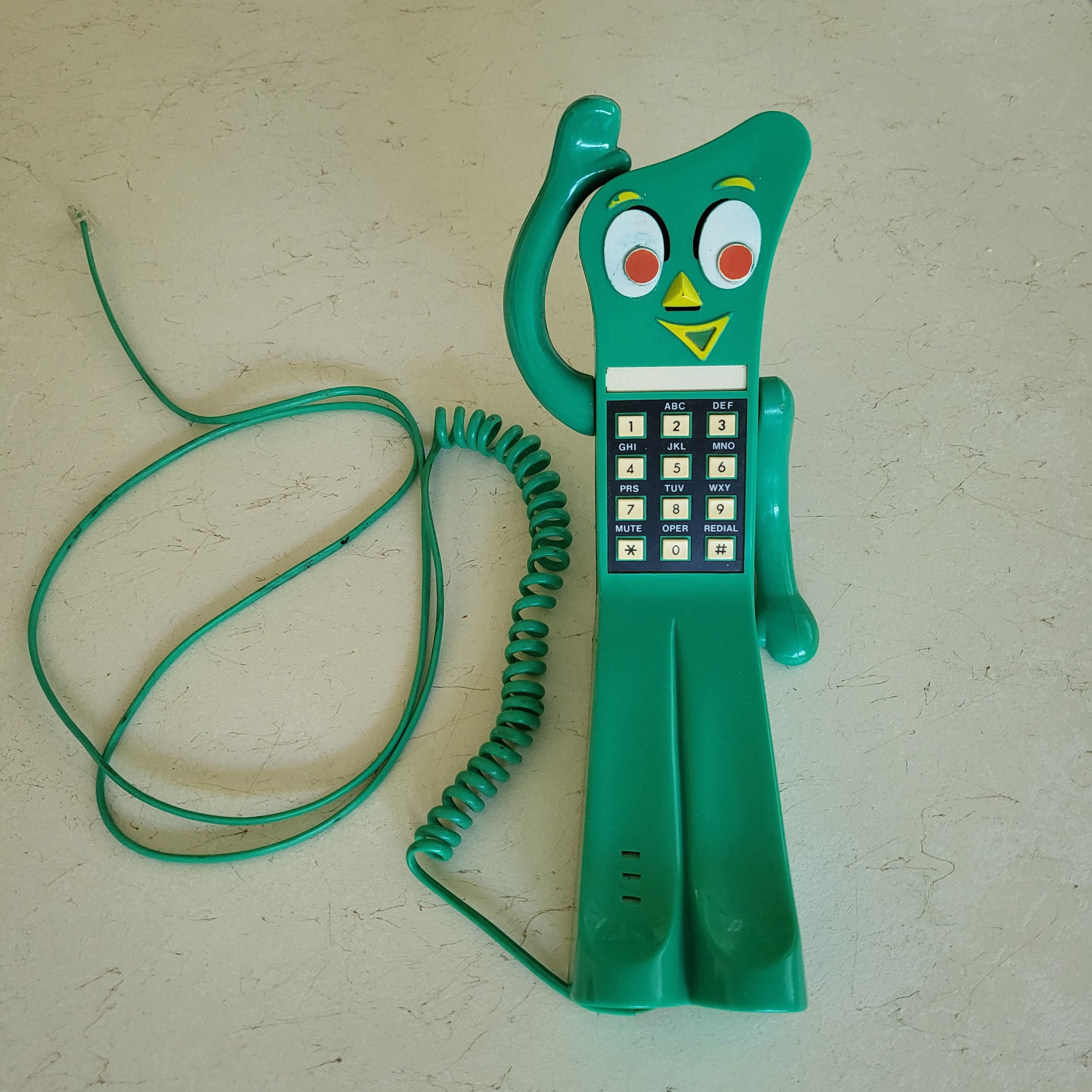 Vintage GUMBY PHONE, Lewco Prema Toy Co, Push Button Green 
