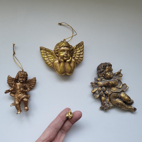 Vintage Cherub Ornament, Angel Pin, Gold, Hanging Wall Decor Plaque