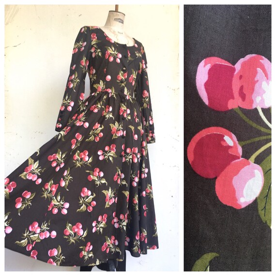 Cacharel Novelty Cherries 1980s Lace Up Midi Vinta