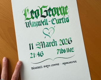 Customised New Baby Calligraphy Print: Handwritten Baby Gift on Card