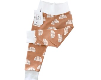 White rainbows on organic cotton, rust orange, baby leggings, gender neutral, copper rainbows