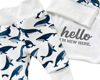 Organic Cotton Whale Baby Outfit: Newborn Gift Set