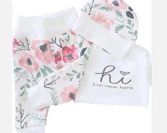 Watercolour pink floral baby clothing set, organic cotton outfit