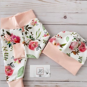 Conjunto floral para bebé: leggings, gorro y mono de algodón orgánico pants+ hat