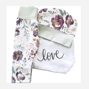 Watercolor Floral Baby Outfit: Organic Cotton Leggings, Hat, &#39;Love&#39; Onesie