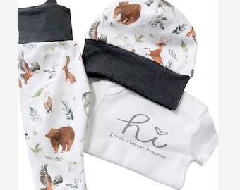 Wildlife baby boy outfit made in organic cotton, baby boy, baby clothing set, fox bear deer. Outdoor animals, forest animals