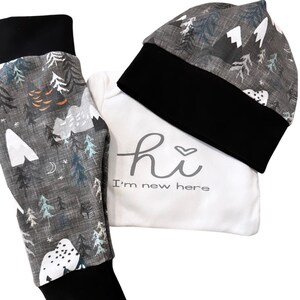 Organic Cotton Baby Outfit: Woodland Mountain Print Leggings, Hat, Onesie