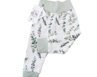 Eucalyptus leggings in organic cotton, baby pants, silver dollar, green leaves
