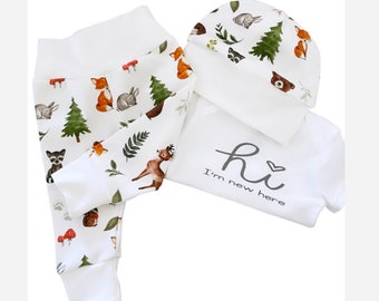 Woodland baby outfit in organic cotton with white trim. Baby clothing set