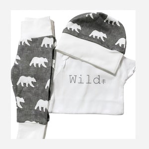 White bears clothing set, going home outfit, baby bear, baby clothing, baby boy, polar bear, grey linen, organic cotton