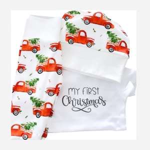 Little red trucks, Christmas outfit, organic cotton set, baby outfit