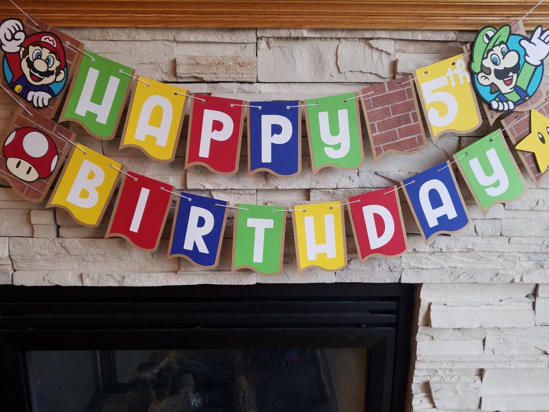 mario bros birthday banner video game birthday party mario birthday banner game party super mario bros Super Mario Birthday party banner