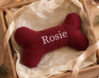 Personalized Dog Toy Bone, Custom Corduroy Plush with Squeaker & Rattle, Embroidered Puppy Gift, Christmas Dog Gift