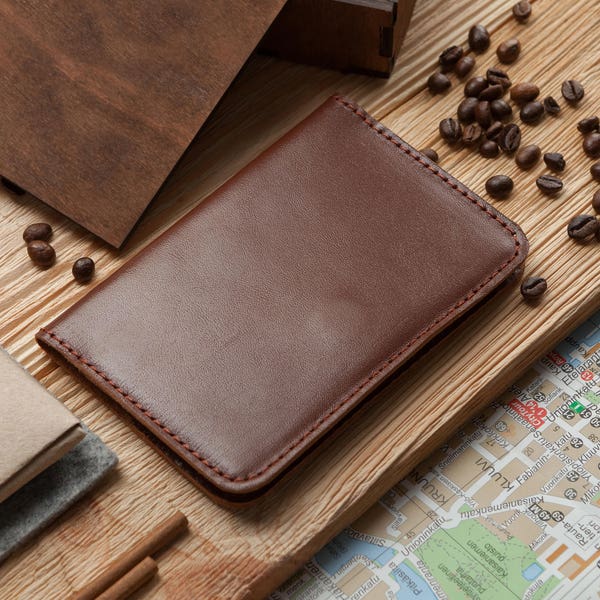 Whiskey leather travel organizer, natural leather minimalist passport cover, slim travel wallet, genuine cognac leather credit card holder