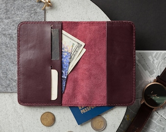 Natural leather passport cover, burgundy wallet with credit card holder, minimalist travel organizer, genuine leather women document holder