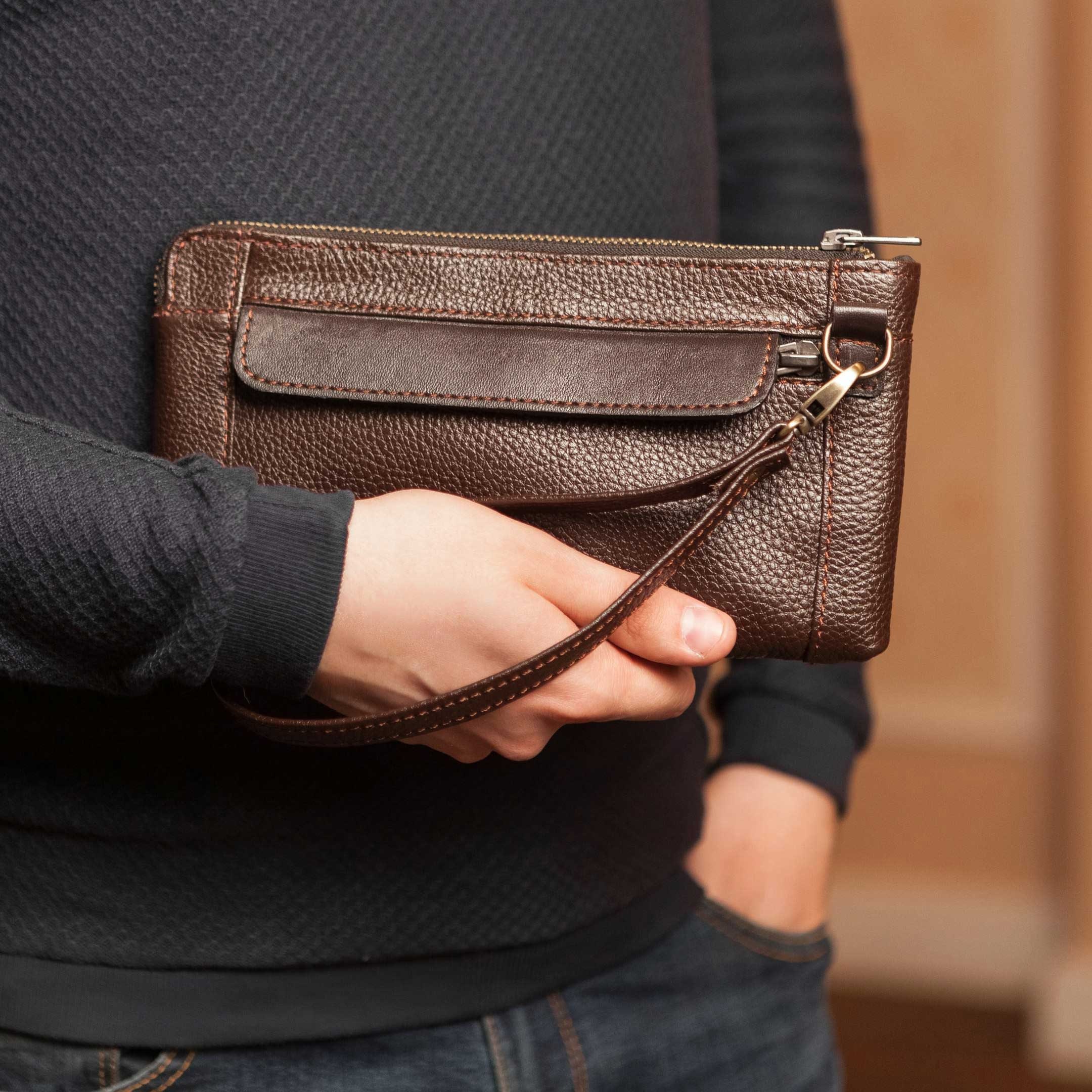 Brown leather wristlet wallet Man black wristlet Man clutch Etsy