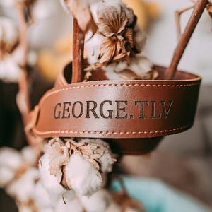 Peut inclure: Gros plan sur une sangle en cuir marron avec le texte grav&eacute; "GEORGE.TLV". La sangle est cousue sur les bords et semble faire partie d'un objet plus grand. Le fond pr&eacute;sente des branches de coton avec des boules de coton blanches et brunes.