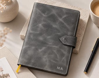 Gray Leather Journal A5, Minimalist Refillable Notebook with Magnetic Closure, Personalized Modern Gift for Him, Leather Planner