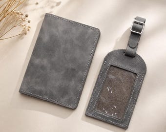 Personalized Leather Passport Holder and Luggage Tag Set, Custom Travel Gift