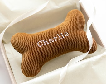 Personalized Dog Toy Bone with Name, Custom Embroidered Corduroy Dog Bone Plush, New Puppy Gift, Dog Birthday Present, Dog Mom Gift