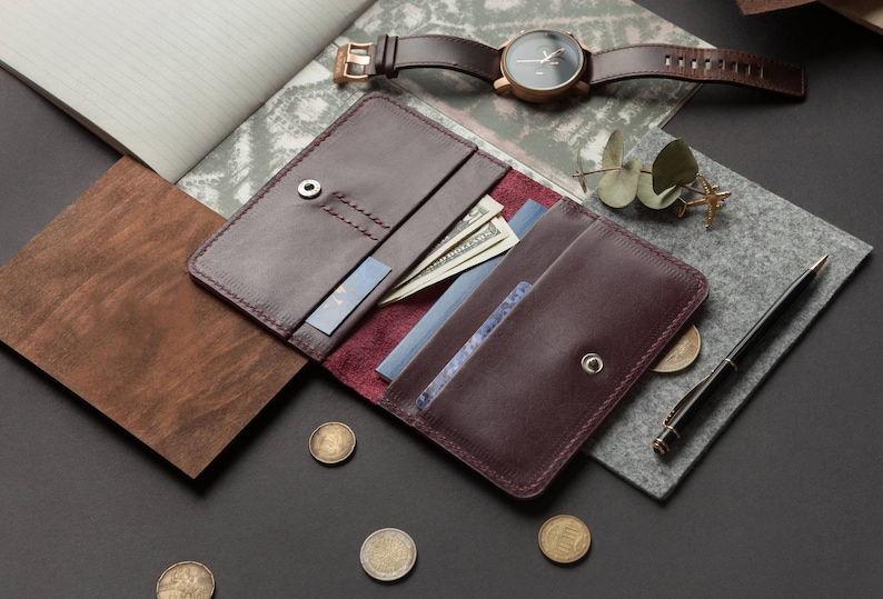 Genuine leather burgundy wallet, unisex travel organizer, bifold document holder, credit card holder, travel wallet, big wallet for women 
