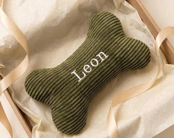 Personalized Dog Toy Bone with Name, Custom Embroidered Corduroy Plush Pet Toy, New Puppy Gifts, Dog Birthday Present, Small Large